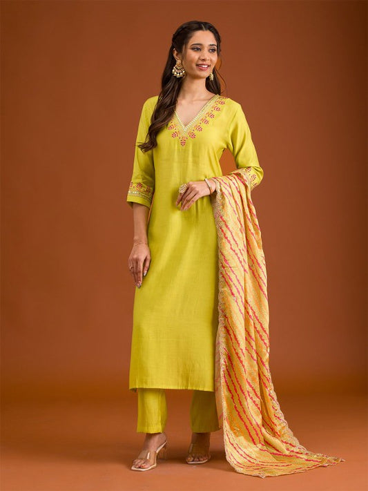 Floral Yoke Design Regular Zari Straight Kurta