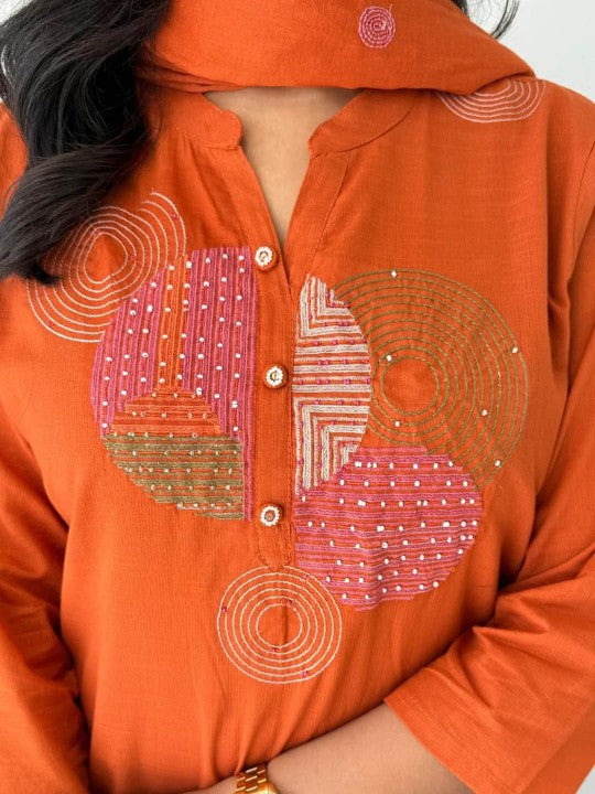 Aaysa Kurti Women Geometric Embroidered Cotton Kurta with Trousers & Dupatta