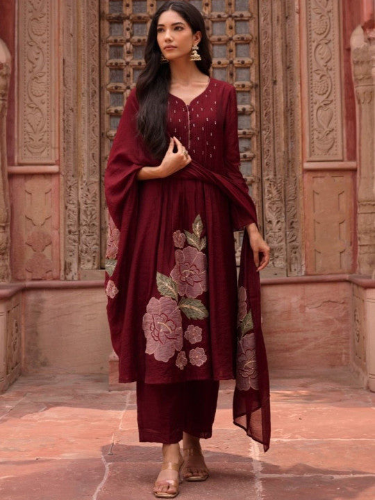 AUTUMN LANE Women Floral Embroidered Kurta with Palazzos & Dupatta