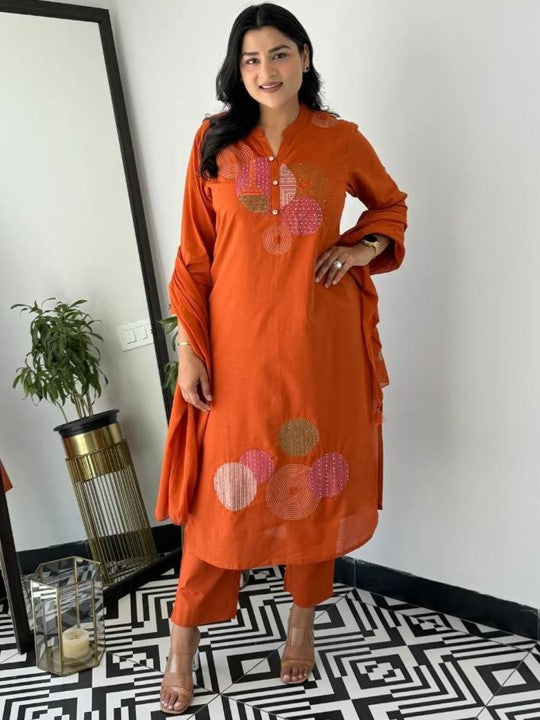 Aaysa Kurti Women Geometric Embroidered Cotton Kurta with Trousers & Dupatta