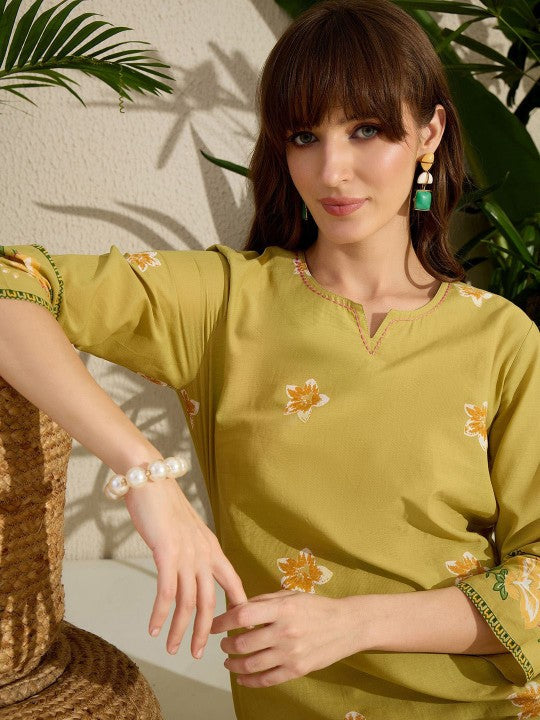 Indo Era Printed Notch Neck Straight Pure Cotton Kurta With Pants