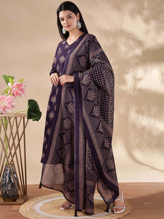 Anouk Women Floral Printed Regular Pure Cotton Kurta with Trousers & With Dupatta