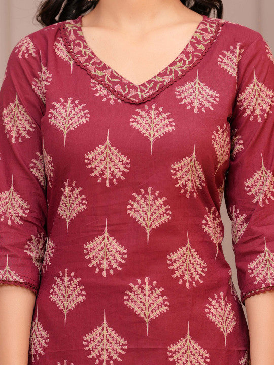 Floral Printed V-Neck Pure Cotton Straight Kurta With Trousers & Dupatta
