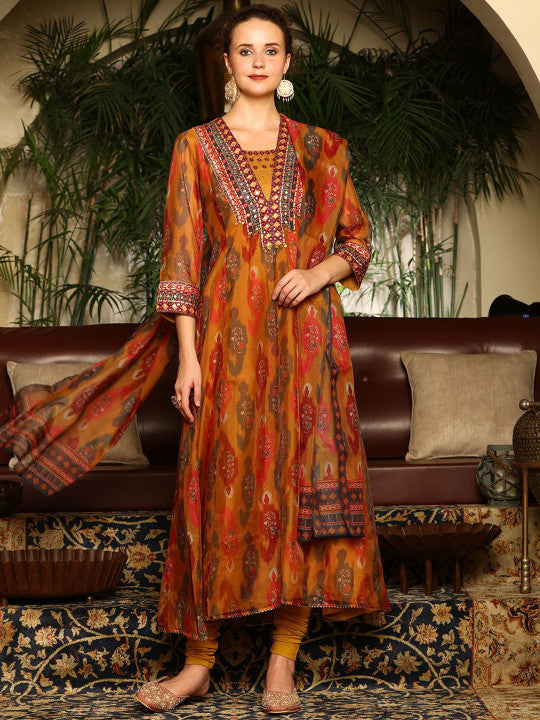 W Women Ethnic Motifs Printed Regular Thread Work Kurta with Trousers & With Dupatta