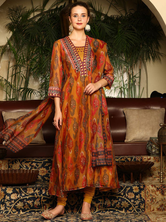 W Women Ethnic Motifs Printed Regular Thread Work Kurta with Trousers & With Dupatta