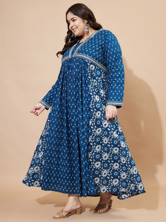 Vbuyz Plus Floral Printed Square Neck Cotton Maxi Ethinic Dress