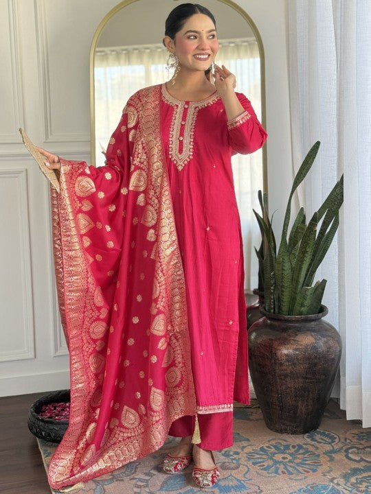 DEVATITHI Floral Embroidered Round Neck Straight Kurta With Trousers & Dupatta