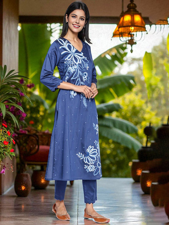 W Floral Printed V-Neck A-line Kurta With Trousers And Dupatta