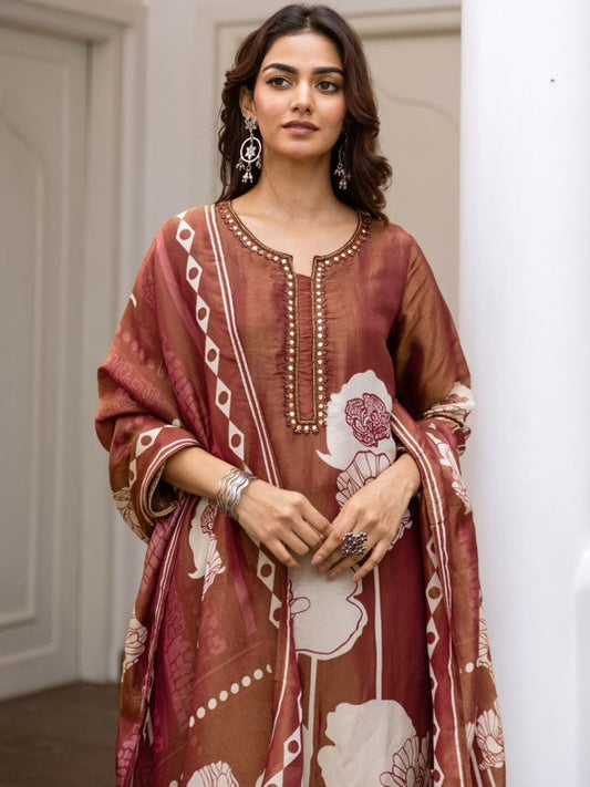 Anouk Floral Printed Regular Mirror Work Straight Kurta