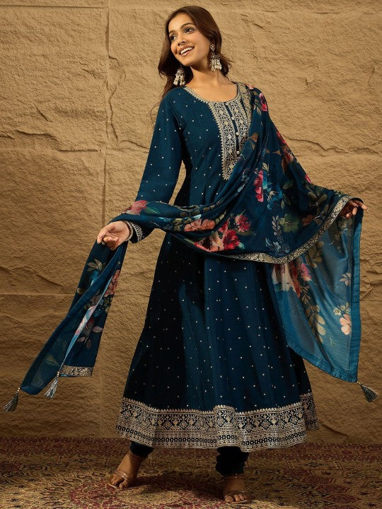 House of Pataudi Floral Printed Zari Pure Silk Anarkali Kurta
