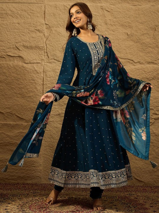 House of Pataudi Floral Printed Zari Pure Silk Anarkali Kurta