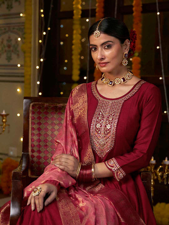 Floral Yoke Design Pleated Sequinned A-Line Kurta with Trousers & Dupatta