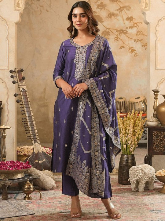 Indo Era Floral Embroidered Round Neck Zari Straight Kurta & Trousers With Dupatta