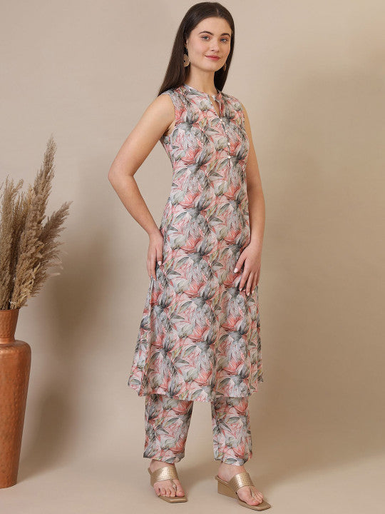 AURELIA Floral Printed Mandarin Collar Pure Cotton Straight Kurta With Trousers & Dupatta