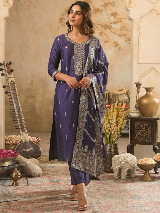 Indo Era Floral Embroidered Round Neck Zari Straight Kurta & Trousers With Dupatta