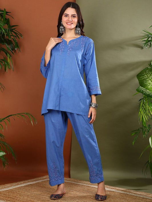 VAHSON Floral Embroidered Notch Neck Pure Cotton Tunic With Trousers