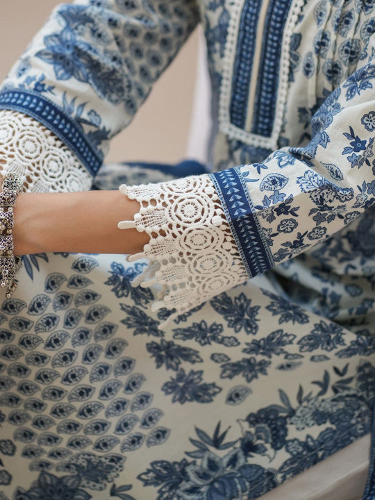 Floral Printed Thread Work Pure Cotton Straight Kurta & Trouser & Dupatta