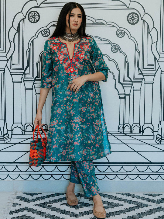 GulaboJaipur Floral Printed V-Neck Thread Work Straight Kurta with Trousers