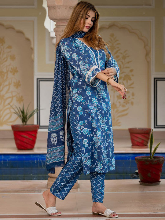 Jaitpuriya Women Floral Printed Cotton Kurta with Trousers & Dupatta
