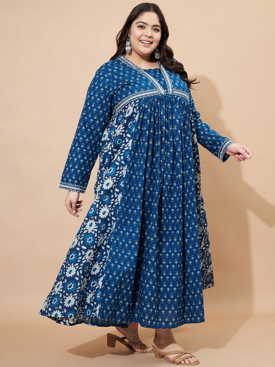 Vbuyz Plus Floral Printed Square Neck Cotton Maxi Ethinic Dress