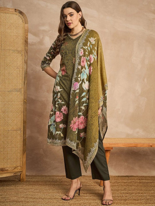 all about you Green Floral Printed V-Neck Pure Cotton Kurta with Trousers & Dupatta