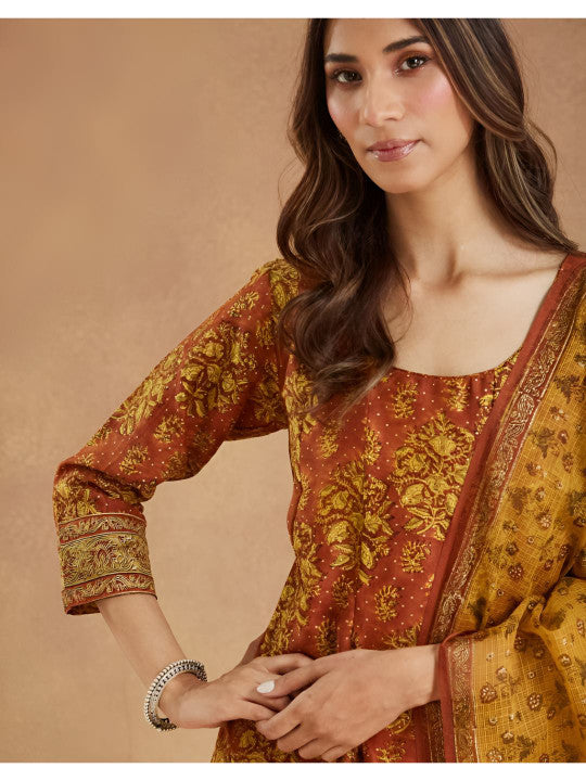Fabindia Floral Printed Cotton Silk A-Line Kurta With Trousers & Dupatta
