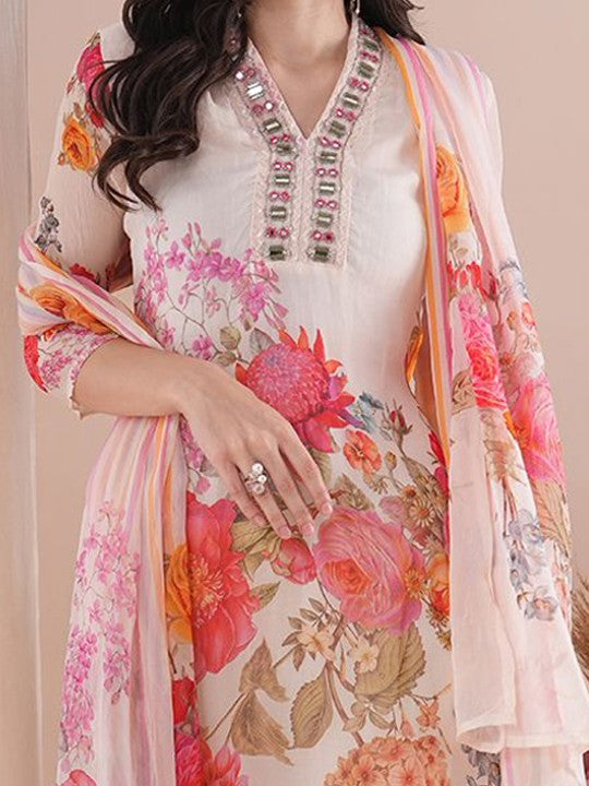 FASHOR V-Neck Floral Printed Straight Kurta