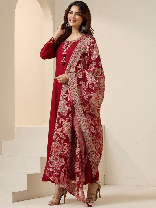 Ishin Women Ethnic Motifs Embroidered Thread Work Kurta with Trousers & With Dupatta