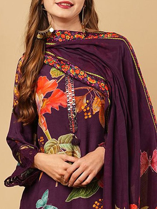 FASHOR Floral Printed Mirror Work Straight Kurta