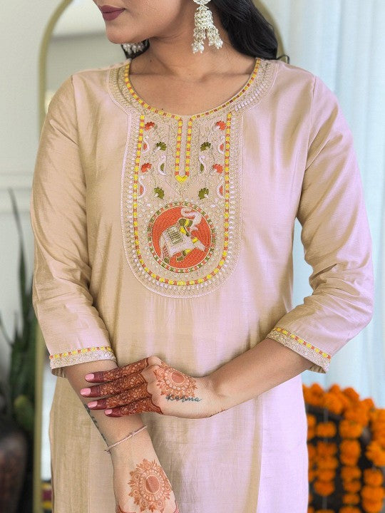 Floral Yoke Design Sequinned Straight Kurta With Trousers & Dupatta