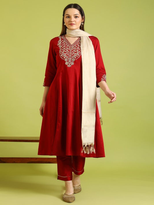 W Red Floral Embroidered V-Neck A-Line Kurta With Trousers And Dupatta