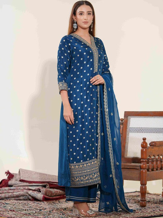 House of Pataudi Floral Woven Design V-Neck Pure Silk Kurta