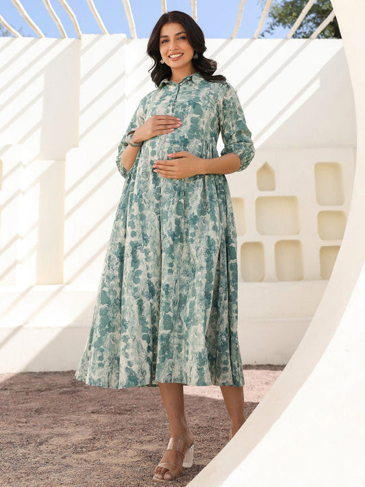 Janasya Tie-Dye Printed Pure Cotton A-line Maternity Ethnic Dress