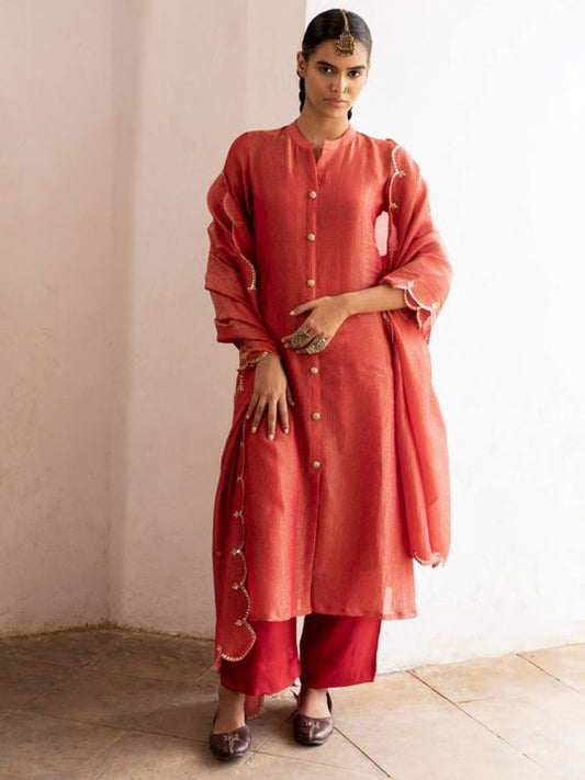 Mandarin Collar Sequinned Chanderi Cotton Kurta