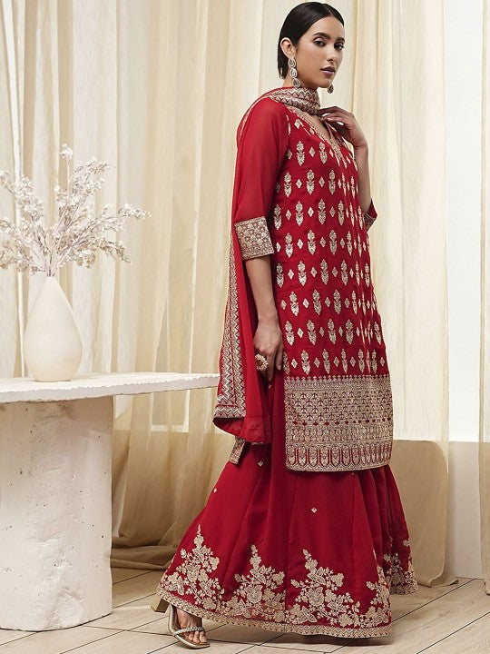 Biba Floral Embroidered V-Neck Sequinned Straight Kurta