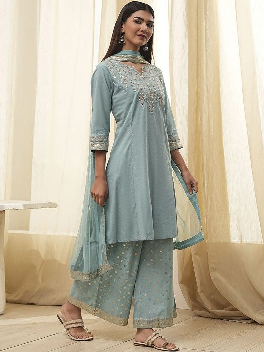 Biba Floral Embroidered Notch Neck Pure Cotton A-Line Kurta