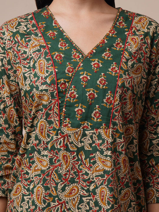 VASVI Women Kalamkari Printed Regular Pure Cotton Kurta with Trousers & With Dupatta