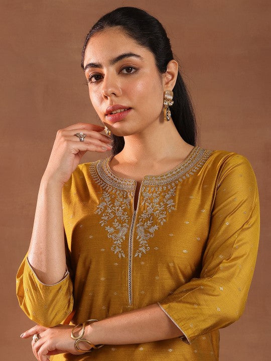 Floral Woven Design Thread Work Chanderi Silk Kurta