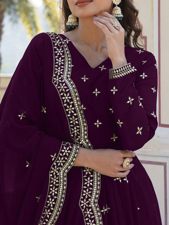 SWEETPEL Women Ethnic Motifs Embellished Sequinned Georgette Anarkali Kurta With Dupatta