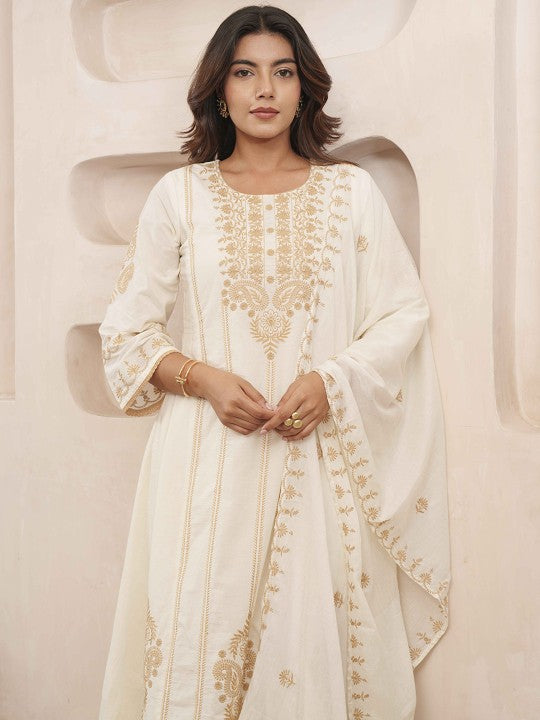 House of Pataudi Floral Embroidered Pure Cotton Kurta & Trousers With Dupatta