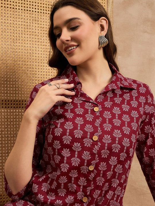 ANEKYA Floral Printed Shirt Collar Three-Quarter Sleeves Pure Cotton Top With Trouser