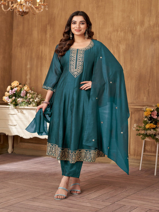 VEDANT VASTRAM Floral Embroidered Sequinned Silk Georgette Kurta With Trouser & Dupatta