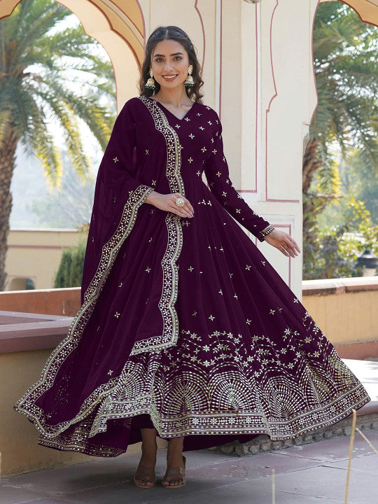 SWEETPEL Women Ethnic Motifs Embellished Sequinned Georgette Anarkali Kurta With Dupatta