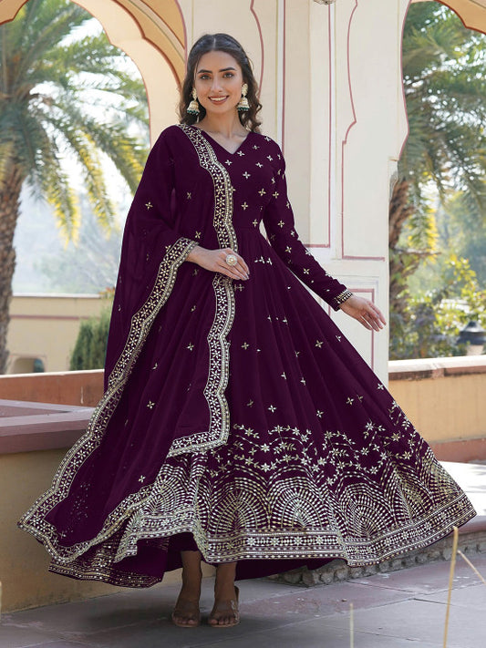 SWEETPEL Women Ethnic Motifs Embellished Sequinned Georgette Anarkali Kurta With Dupatta