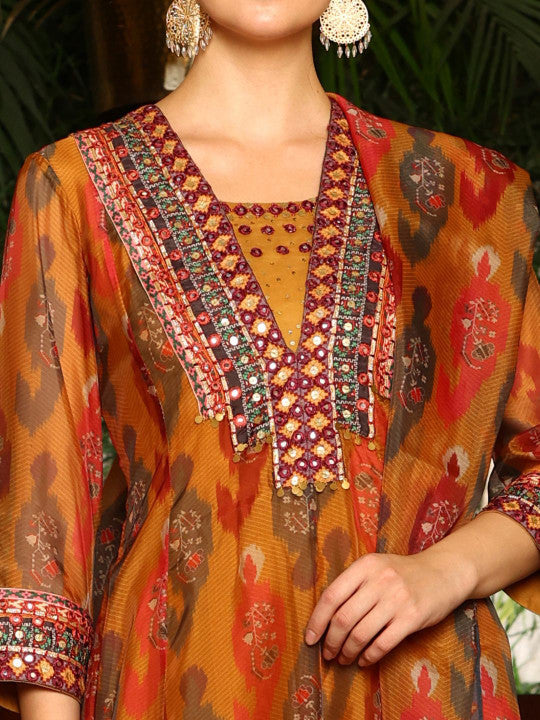 W Women Ethnic Motifs Printed Regular Thread Work Kurta with Trousers & With Dupatta