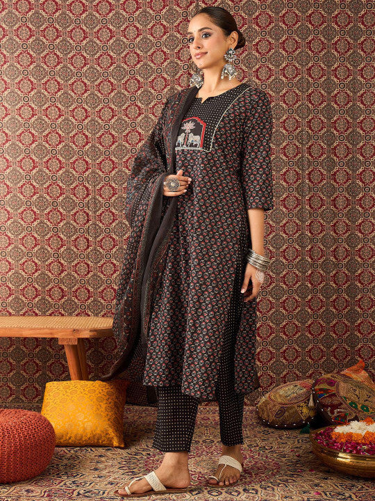 Indo Era Floral Printed Pure Cotton Straight Kurta Trousers With Dupatta