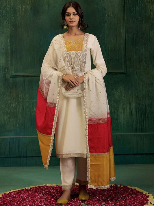 Jaipur Kurti Ethnic Motifs Embroidered Sequinned Kurta With Trousers & Dupatta