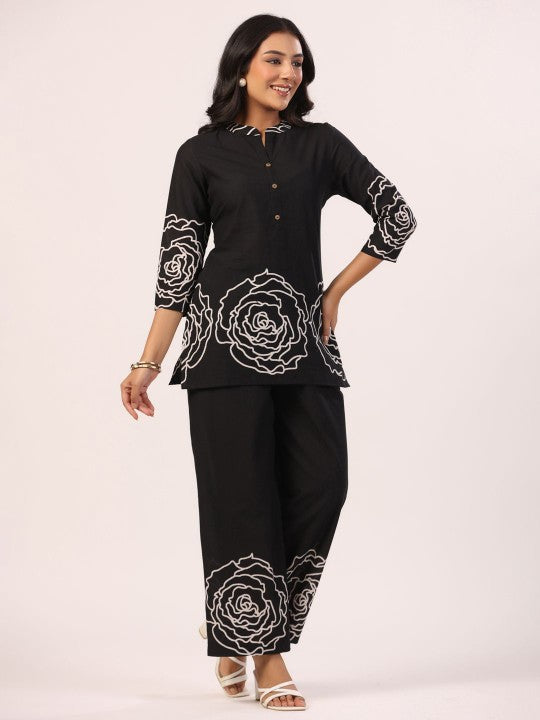 Printed Mandarin Collar Pure Cotton Tunic With Trousers
