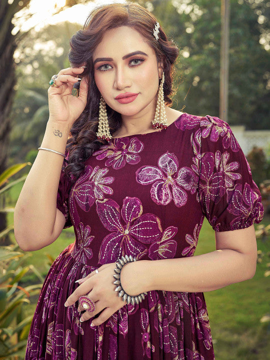 CHANSI Floral Printed Pleated Flared Maxi Dress