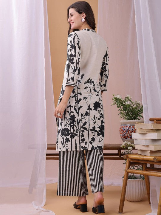 Printed Mandarin Collar Neck Tunic With Trousers Co-Ords